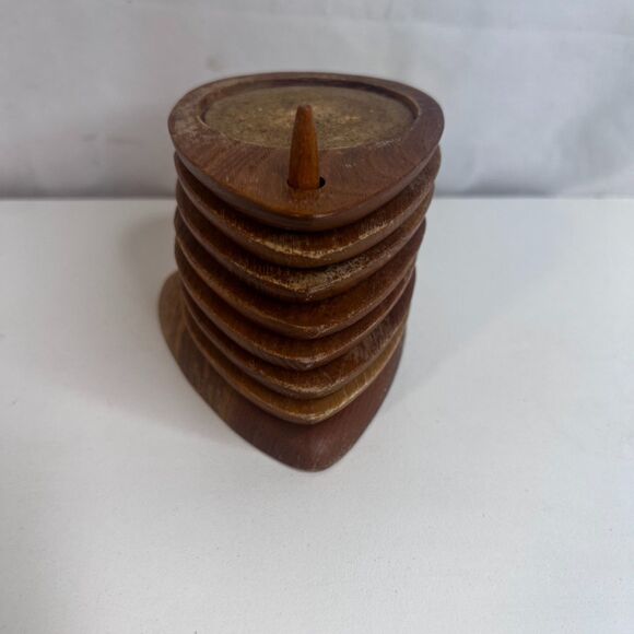 VTG Sere Wooden Cork Coaster Set of 7 w/ Holder MCM Stacked Teardrop Barware - Picture 3 of 16
